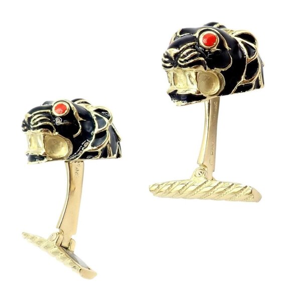 Vintage! David Webb 18k Yellow Gold Black Enamel Lion Cufflinks - Picture 12 of 13